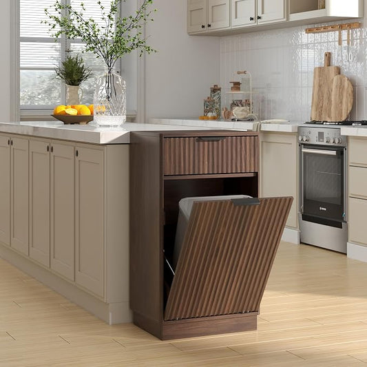 Ball & Cast 10-Gallon Tilt Out Trash Can Cabinet with Hideaway Drawer, Wooden Freestanding Garbage & Recycling Cabinet, Wave-Textured Pull-Out Bin for Kitchen, Bathroom, Living Room (Walnut)