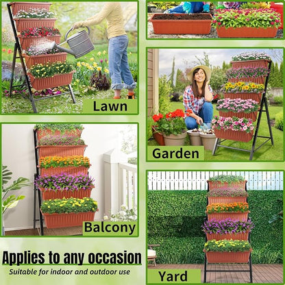 Homdox 3.74FT Vertical Garden Bed, 5 Tiers Raised Garden Planter, 23 * 26 * 45Inch Outdoor Stand with 4 Hooks for Vegetable Flower, Patio Yard, Brown