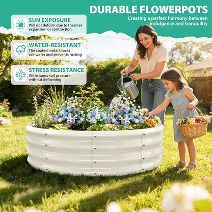 12 Inch Tall 48 Inch Diameter Round White Raised Garden Bed Kits Outdoor | 1 FT Tall,4 FT Planter Bed for Flowers,Herbs,Vegetables,Trees,0.8MM Thick Galvanized Metal Painted,with Gloves,Tool free