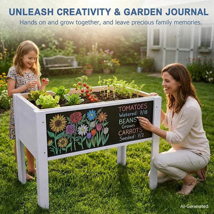 Raised Garden Bed with DIY Chalkboard, 30 x 24 x 18 Inch Wooden Elevated Raised Garden Bed, Outdoor Planter Box with Legs for Vegetables Grass Lawn Yard, Light Gray