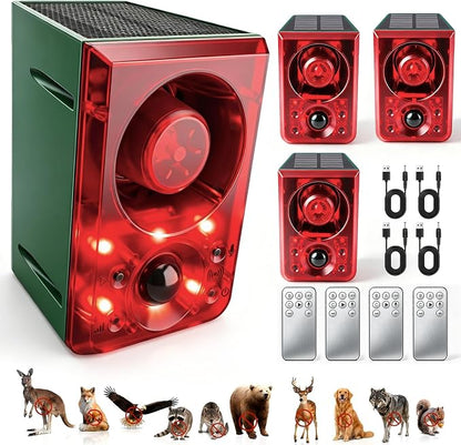 ChunHee Solar Outdoor Motion Sensor Alarm with Dog Barking Gunshot Sound, Support Recording and Adjustable Volume, 130db Loud Noise Maker 3 Work Modes Strobe Light for Home, Villa, Farm, Barn (4pack)