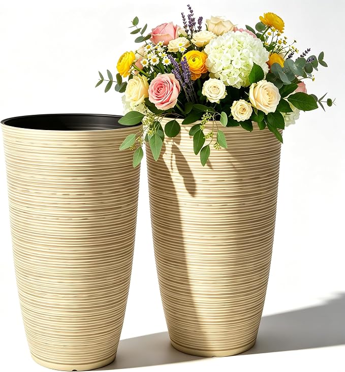 23.5" Ivory Speckled Tall Planters Set of 2 with Drainage Holes | Large Tapered PP Plastic Pots With Vertical Stripe Texture For Indoor and Outdoor Plants, Patio, Garden, Porch, or Entryway