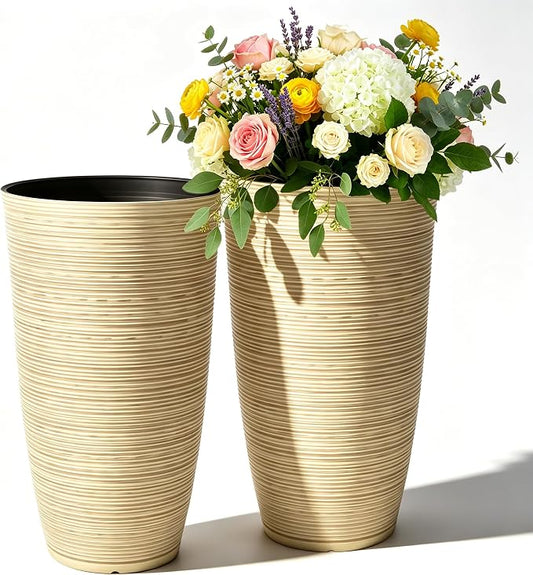 23.5" Ivory Speckled Tall Planters Set of 2 with Drainage Holes | Large Tapered PP Plastic Pots With Vertical Stripe Texture For Indoor and Outdoor Plants, Patio, Garden, Porch, or Entryway