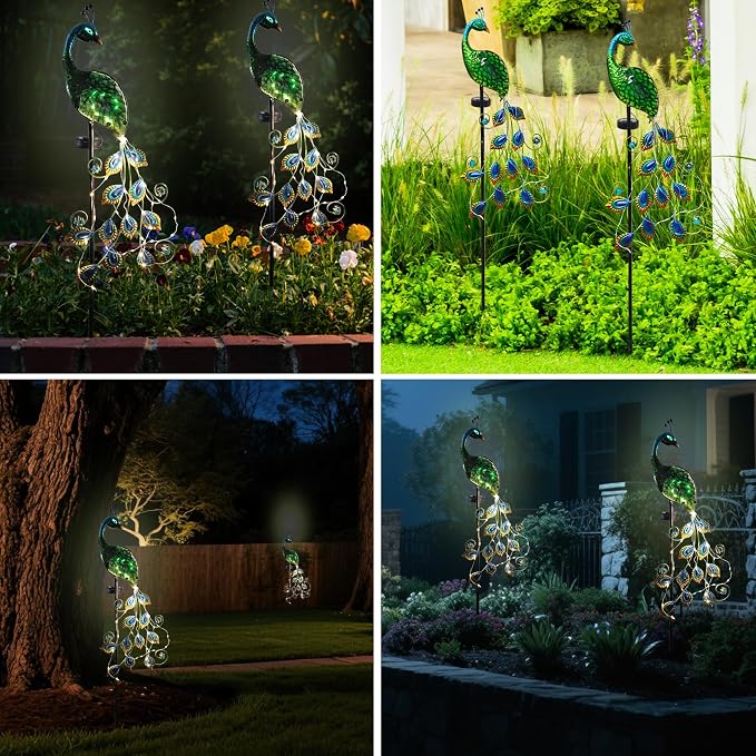 Solar Peacock Garden Stake Lights Waterproof Metal Outdoor Decor | Solar Peacock Garden Stake Lights, Waterproof Metal Glass, Thick Stake, Glow-In-The-Dark Eye, For Pathway Patio Yard Decor