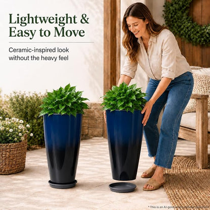 Neoaider Set of 2 Tall Planter, 21 inch Large Plastic Planter, Dark Blue | Ceramic-Look, Lightweight, Built-in Drain Hole, Saucers, Tall Outdoor Planter for Porch, Garden, Patio, Balcony