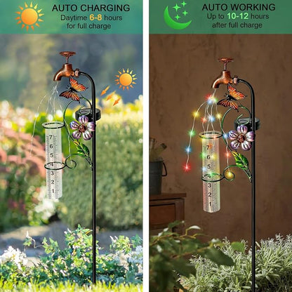 Copper Faucet Rain Gauge, 7" Glass Tube Butterfly Flower Garden Yard Stake Decor