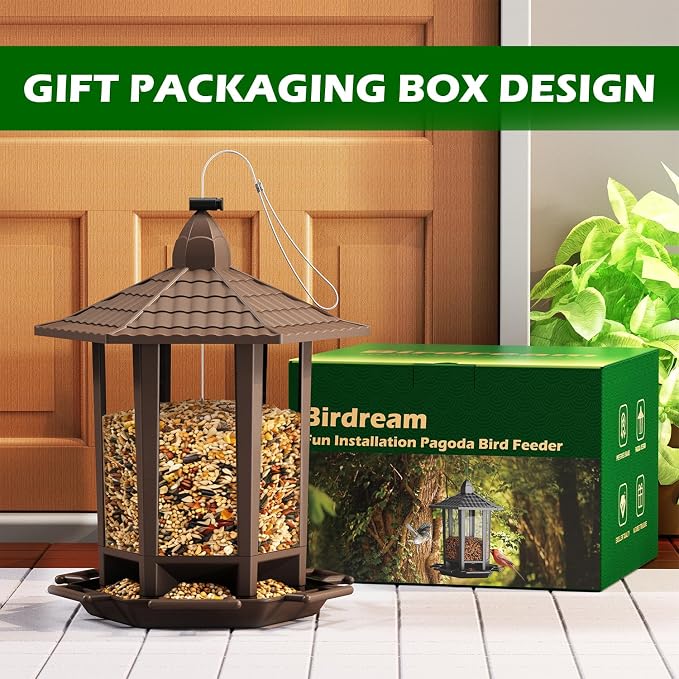 Birdream 2 Pack Bird Feeders for Outdoor, Retro Pagoda Design Fun Installation, Garden Gifts Hanging Bird Feeders for Garden Yard Outside Decoration Bird Watchers - Brown