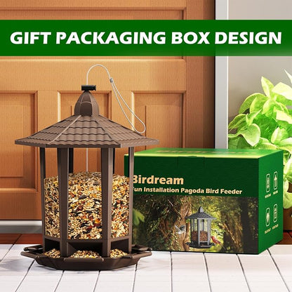 Birdream 2 Pack Bird Feeders for Outdoor, Retro Pagoda Design Fun Installation, Garden Gifts Hanging Bird Feeders for Garden Yard Outside Decoration Bird Watchers - Brown