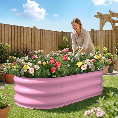 Kesfitt Raised Garden Bed, 4x2x1 FT Galvanized Steel Metal Raised Garden Bed, Oval Open-Bottom Design, 12-Inch Deep for Outdoor Vegetable & Herb Gardening, Blushing Pink