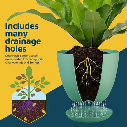 Mint Plant Pots with Drainage Holes & Saucers 15 Pack, Indoor & Outdoor Stackable Space-Saving Planters for Houseplants & Flowers, (7", 6.7", 6", 5.3", and 4.8" Inches), Durable & Weatherproof