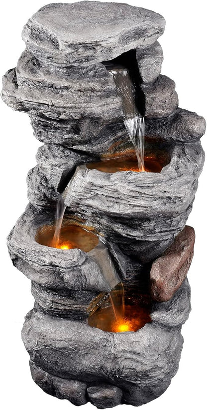 Teamson Home 39.37 in. Outdoor Faux Stacked Stone 4-Tier Water Fountain with LED Lights and Pump, Gray | Faux Stone, Patio Waterfall Feature, LED Lights & Pump, For Yard, Deck, Landscaping