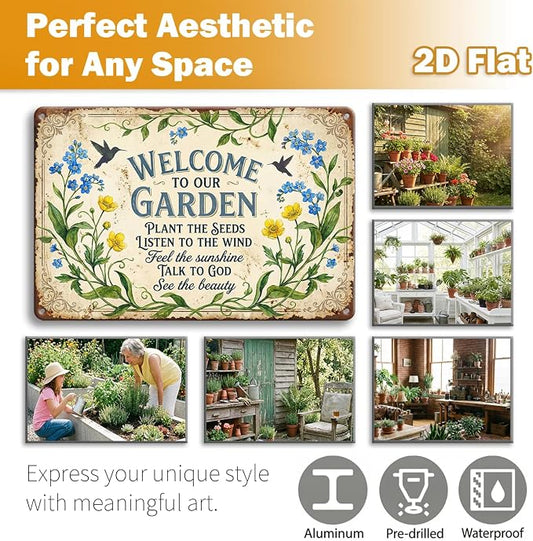 Garden Decor Sign Welcome to Our Garden Floral Wall Art | Garden Lovers • Yard Patio Display • Garden Theme • Vintage Botanical Style • UV Printed • 8x12 Inch