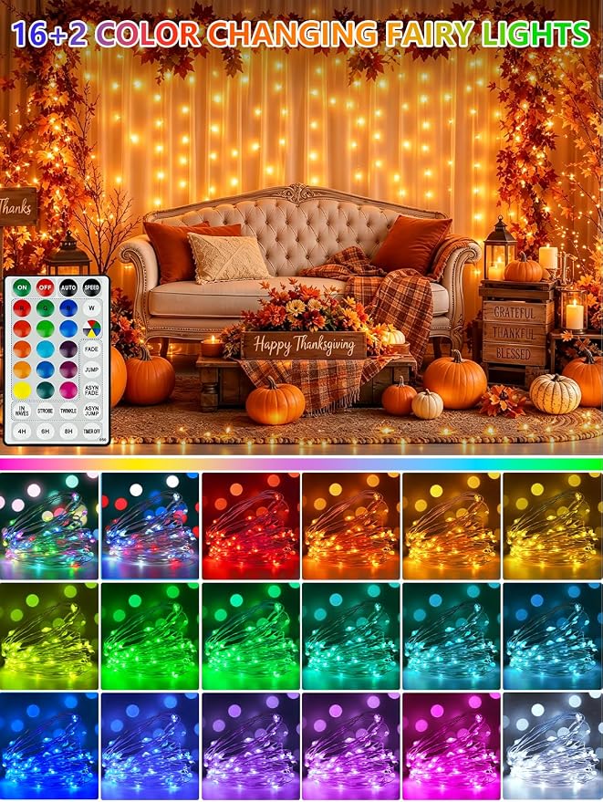 2 Pack Color Changing Fairy Lights Battery Operated, 40FT 120LED Christmas Lights with Remote & Timer, Waterproof Battery & USB RGB String Light for Indoor Outdoor Halloween Christmas Decorations