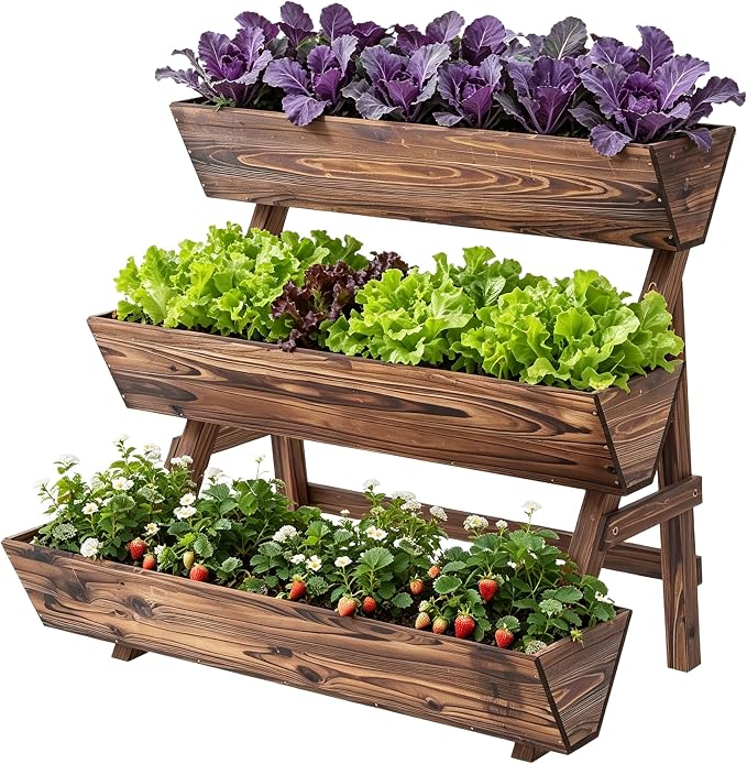 3-Tiers Wooden Raised Garden BedPlanter Box Gardening Outdoor Planter Box Patio Kit Tiered Planter Box Vertical Garden Planter Wood Plant Stand for Patio, Balcony, Freestanding (Carbonized L)