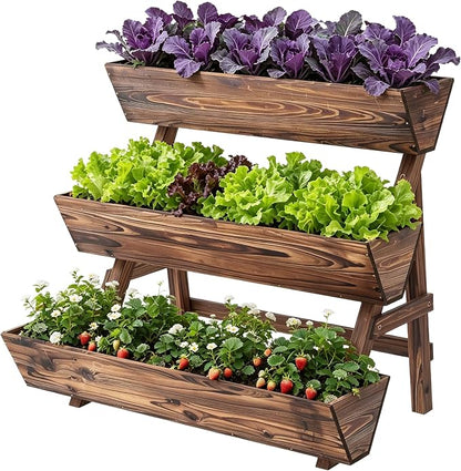 3-Tiers Wooden Raised Garden BedPlanter Box Gardening Outdoor Planter Box Patio Kit Tiered Planter Box Vertical Garden Planter Wood Plant Stand for Patio, Balcony, Freestanding (Carbonized L)