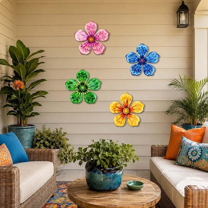 4-Pack Metal Flower Wall Decor, Outdoor Fence and Garden Art | Outdoor Wall Decor art, Easy To Hang, Ideal for outdoor fences, gardens, patios, yards and exterior walls