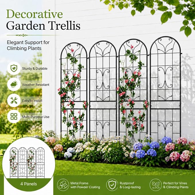 2-Pack 87" x 20" Ornate Scrollwork Arch Black Metal Garden Trellises | Set of 2 rust-resistant trellises with heart scrollwork, arched tops, stakes, and support for roses, vines, or vegetables