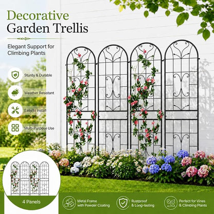 2-Pack 87" x 20" Ornate Scrollwork Arch Black Metal Garden Trellises | Set of 2 rust-resistant trellises with heart scrollwork, arched tops, stakes, and support for roses, vines, or vegetables