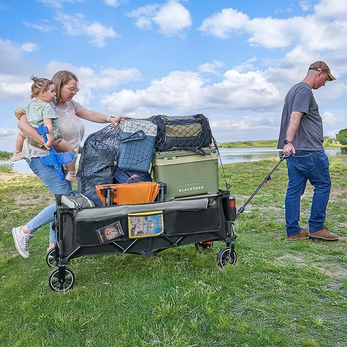 Timber Ridge 51.2'' Extended Collapsible Wagon Cart with Brakes and Cargo Net, 500LBS Heavy Duty Foldable Utility Wagon with Adjustable Handle, 400L Capacity Portable Cart for Camping Sports Shopping