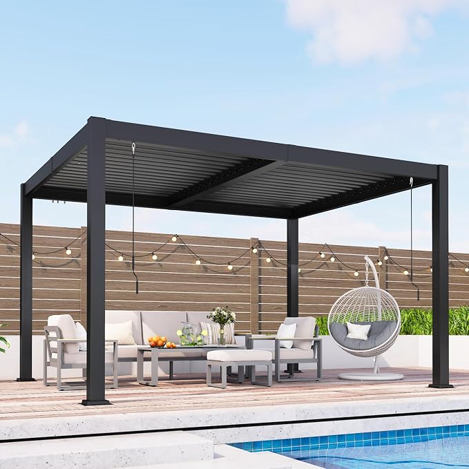 Louvered Pergola, 10' x 12' Outdoor Pergola, Aluminum Frame Patio Gazebo with Adjustable Louvers Roof and Integrated Gutter System, Outdoor Hardtop Gazebo for Patio, Backyard, Deck, Garden, Dark Gray