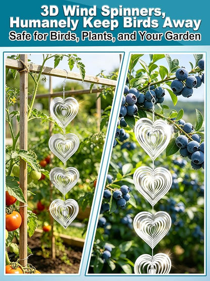 3pcs Reflective Wind Spinners Outdoor for Bird Scare - Stainless Steel Bird Reflectors to Keep Birds Away, Pinwheels for Yard and Garden Decor, Heart-Shaped