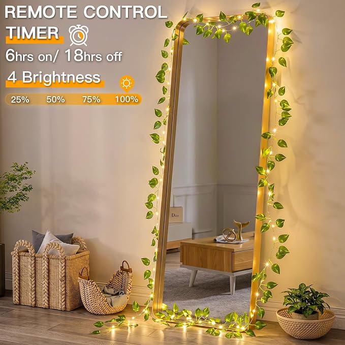 suddus Vine with Fairy Lights Battery Operated, 33ft100 LED Pothos String Lights with Remote, Leaf Lights for Bedroom, Room, Wall, Garden, Party, Wedding Dorm Decor(Warm White)