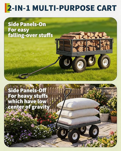 GarveeTech 400LBS Heavy Duty Steel Garden Cart, Garden Wagon Cart on Wheels, Metal Yard Utility Wagon with Removable Mesh Sides, 10" All Terrain Tires, 180° Rotating Handle for Lawn, Garden, Farm