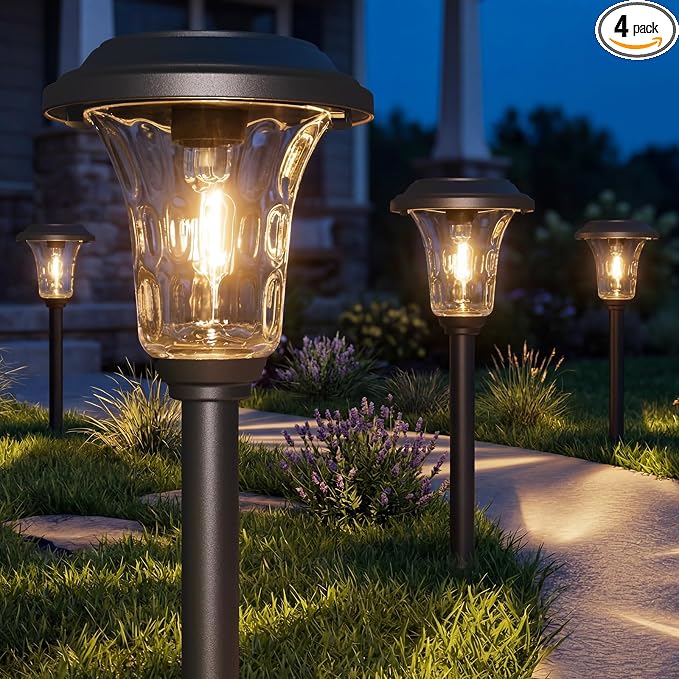 XMCOSY+ Solar Pathway Lights, 4 Pack Metal Solar Lights Outdoor Waterproof, 20/40LM Bright Solar Powered Garden Light for Yard Backyard Landscape Path Driveway Walkway Outside (Warm/Cool White)