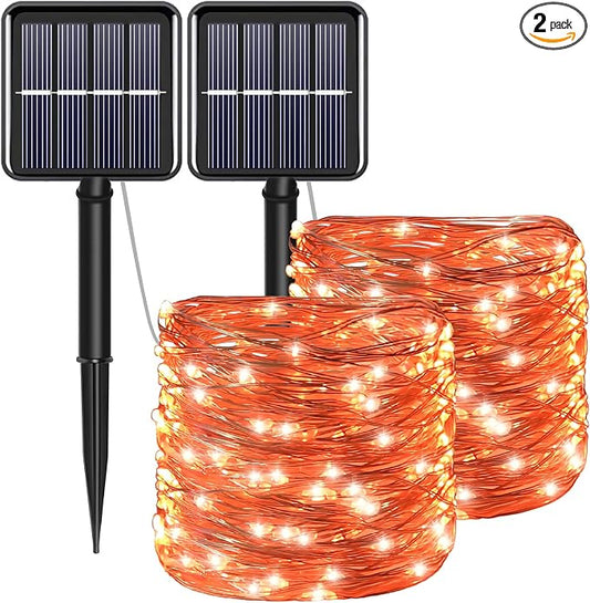Fall Outdoor Decorations, Orange Solar String Lights Outdoor, 2Pack Total 200 LED Fairy Fall Lights Thanksgiving Halloween Decor, 8 Modes Waterproof for Porch, Garden, Patio, Fence, Balcony