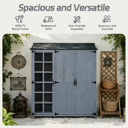 Merax Outdoor Wood Large Garden Storage Shed with Waterproof Roof, Patio 3 Doors Storage Cabinet with Workstation, 7 Storage Shelves, 2 Drawers and 6 Hooks for Backyard, Gray