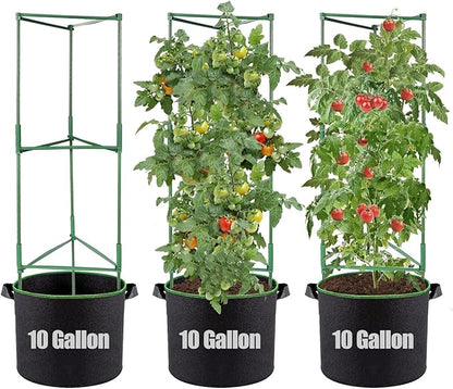 ANPHSIN Sturdy Triangle Tomato Cage with Movable 10 Gal Grow Bags - 3 Sets 47'' Plants Garden Trellis Planters, Support for Indoor Outdoor Beans, Peppers, Eggplants, Climbing Vegetables
