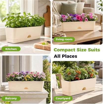 6 Pack Rectangle Planter 16x4.4 Inch Window Boxes Planters Rectangular Large Window Sill Planters Indoor Self Watering Plant Pots with Drainage Holes and Saucers Succulent Herb Flower Pots, Beige