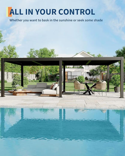 Garveelife All-Aluminum Louvered Pergola 12 ft x 24 ft, Outdoor Pergola with Adjustable Louvered Roof, Reinforced Aluminum Frame, Integrated Drainage System, Hardtop Gazebo for Patio, Deck, Gray