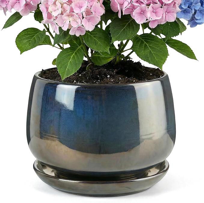 10.3 Inch Flower pots for Indoor Outdoor Plants with Saucer Drainage Leak-Proof Mesh, Ceramic Planter with Gardening Gloves for Succulent and Flower(Metallic Black)