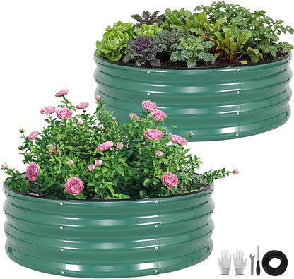 Galvanized Raised Garden Bed Outdoor, Round Metal Planter Boxes 2 Pcs, 3x3x1ft Steel Raised Bed Kit for Planting Vegetables, Fruits, Flowers(LotusGreen)