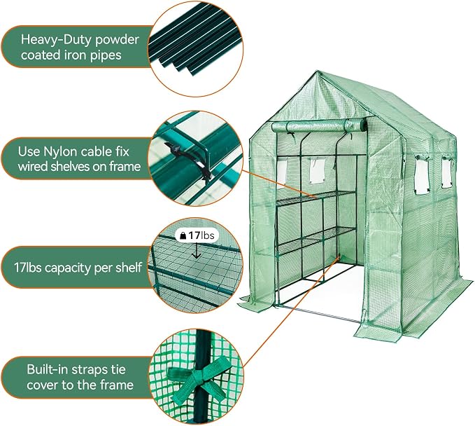 Walk in Greenhouse with Shelves,Plastic Growhouse Frame for Garden,12 Tiers Green House with Reinforced PE Cover and 4 Windows,56" L x 56" W x 77" H,for Indoor Outdoor Seeding and Plant Growing