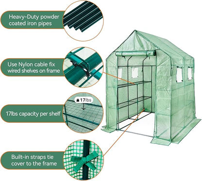 Walk in Greenhouse with Shelves,Plastic Growhouse Frame for Garden,12 Tiers Green House with Reinforced PE Cover and 4 Windows,56" L x 56" W x 77" H,for Indoor Outdoor Seeding and Plant Growing