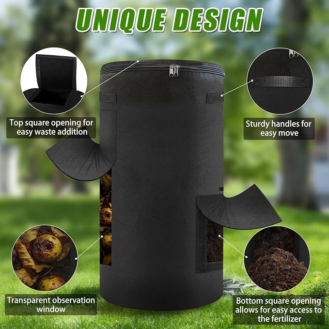 Compost Bin Outdoor with Handles Observation Windows, 34 Gallon | Black Reusable foldable compost bucket compost bag for home garden yard waste, thickened breathable felt material