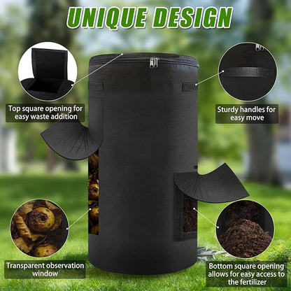 Compost Bin Outdoor with Handles Observation Windows, 34 Gallon | Black Reusable foldable compost bucket compost bag for home garden yard waste, thickened breathable felt material