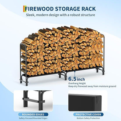 Firewood Rack with Waterproof Cover,8 Ft Outdoor Firewood Holder, Heavy Duty Log Wood Rack with Zipper,600Lb Max Weight Capacity, Full Covered, Powder-Coated Wood Storage Rack for Fireplace Deck