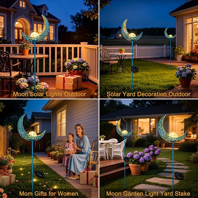 Homeimpro Moon Solar Garden Lights Outdoor Stakes, Waterproof Crackle Glass Metal Yard Lights for Lawn, Patio Accessories, Backyard Decor, Birthday Gifts for Mom