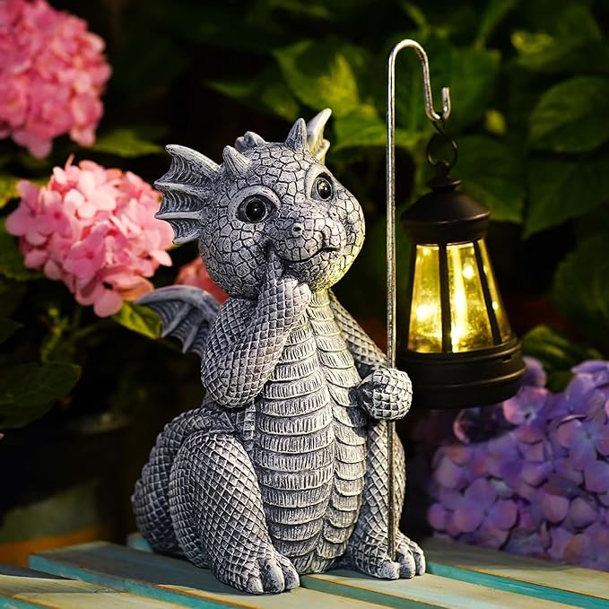 Qeeman Solar Dragon for Garden Decor: Weatherproof Resin Statues | Warm Glow Lantern Outdoor Decoractions for Yard Pathway Patio Porch Balcony Front, Gifts for Mom Grandma Lovers