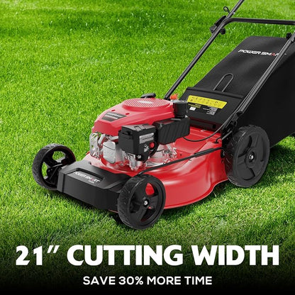 PowerSmart 21-Inch 144cc Gas Lawn Mower & 16-Inch 25.4cc String Trimmer/Edger with 10-Inch Brush Cutter for Grass Cutting