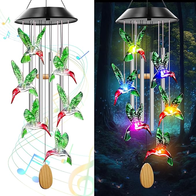 Solar Hummingbird Wind Chimes with 4 Music Aluminum Tubes | Wind Chimes for Outside,Best Gifts for Mom Grandma Women Wife Aunt Sister, Unique Mobile Wind Chime, Garden Yard Decor