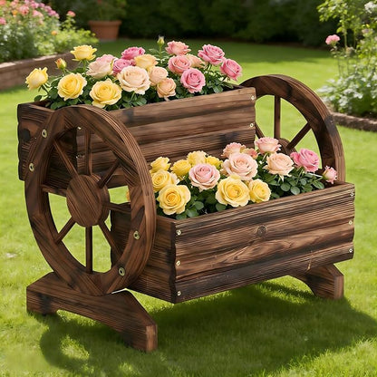 Wooden Wagon Planter Cute Garden Flower Pots Cart with wheels, Outdoor Decoration decor Indoor, Drainage hole, Garden decor for succulents herbs veggies for porch patio balcony (Carbonized, Medium)