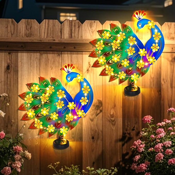 2 Pack Metal Peacock Outdoor Wall Decor with 30 Led Solar Lights- 13.8" Outdoor Fence Wall Art Decor, Gift for Mom Grandma Women Birthday Gardening,Hanging Decoration for Garden Patio Porch Yard