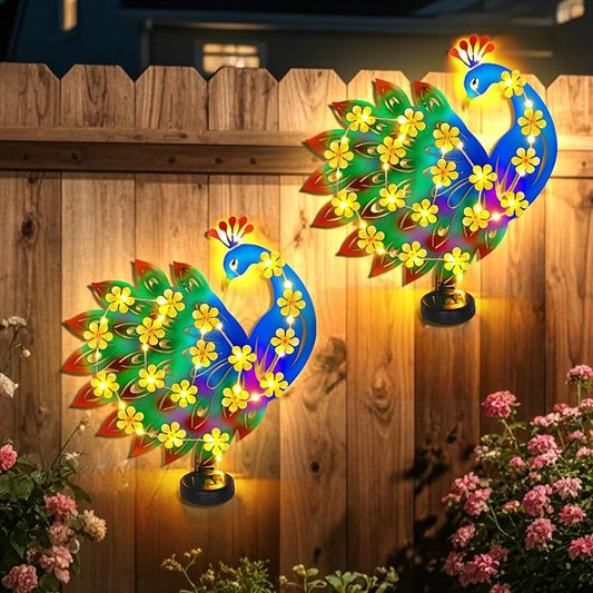 2 Pack Metal Peacock Outdoor Wall Decor with 30 Led Solar Lights- 13.8" Outdoor Fence Wall Art Decor, Gift for Mom Grandma Women Birthday Gardening,Hanging Decoration for Garden Patio Porch Yard