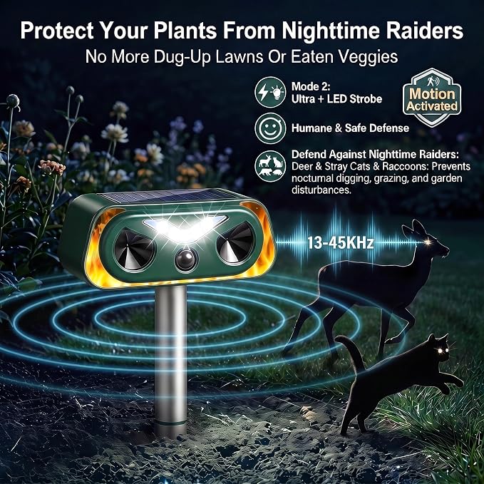 4 Pack Solar Ultrasonic Animal Repellent Outdoor, Motion Sensor Deer Repellent Device with LED Strobe Light, IP65 Waterproof Cat Squirrel Raccoon Rabbit Deterrent, Garden Yard Lawn Protection