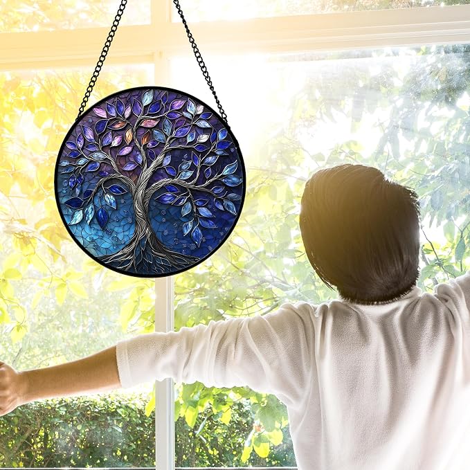 DASTOLL Stained Glass Window Hanging, Blue Purple Tree of Life Sun Catchers Colorful Glass Panel Plants Suncatcher Decor for Birthday for Women,Men,Wife, Lovers, and Mom 11.8x11.8 in
