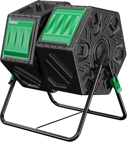 Compost Bin, 37-Gal Dual Chamber Composter Tumbler, Black Green | Steel Frame with 2 Sliding Door and Aeration System, 360° Rotating, Tumbling Composting Bin for Kitchen, Garden, Yard